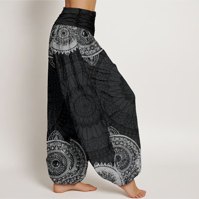 Haremshose für Damen mit elastischer Taille und Buddha Stones, kreisförmiges Mandala-Design - image 3