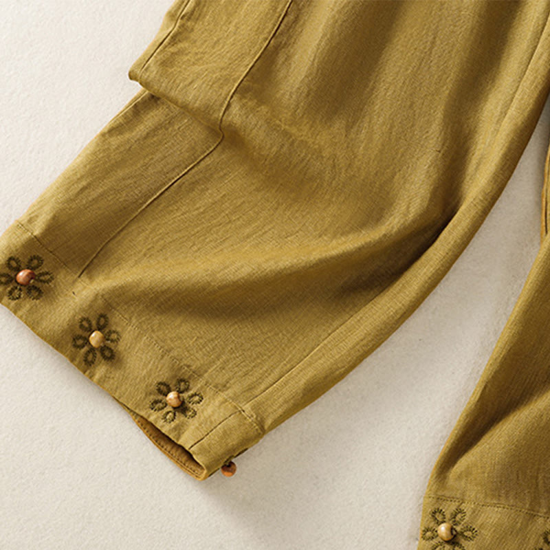 Buddha Stones Lässige Damenhose aus Baumwolle mit weitem Bein, bestickten Perlen und Kordelzug und Taschen - image 12