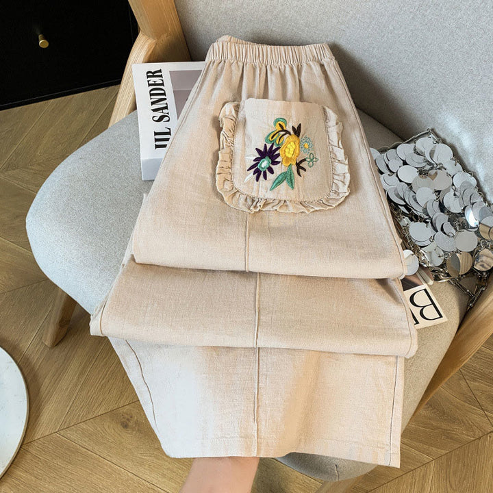 Buddha Stones Lässige beige Stickerei Damenhose aus Baumwollleinen mit weitem Bein und Taschen - image 4
