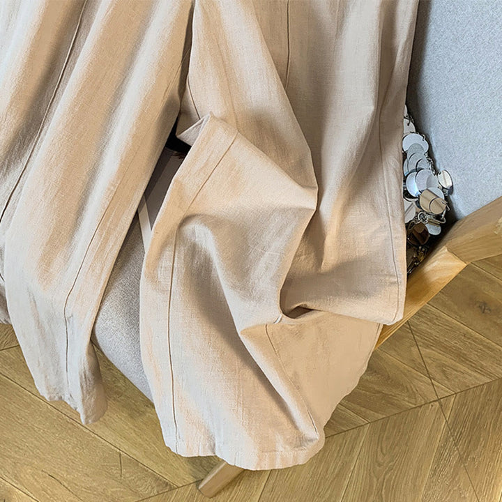 Buddha Stones Lässige beige Stickerei Damenhose aus Baumwollleinen mit weitem Bein und Taschen - image 8