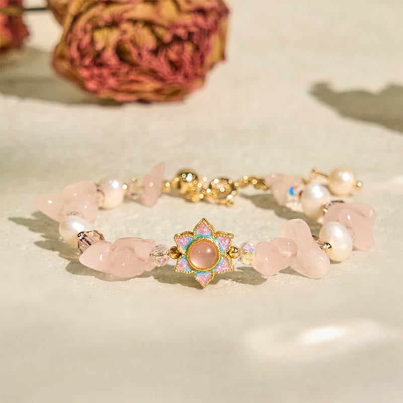Buddha Stones Naturkies Rosenquarz Blume Perle Heilung Armband