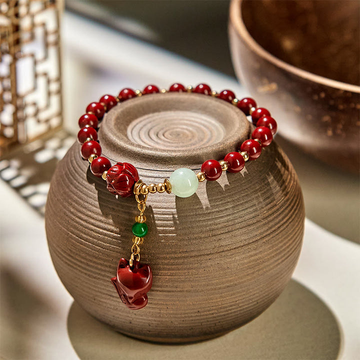 Buddha Stones Zinnober Lotus Niedlicher Fuchs Charm Segensarmband