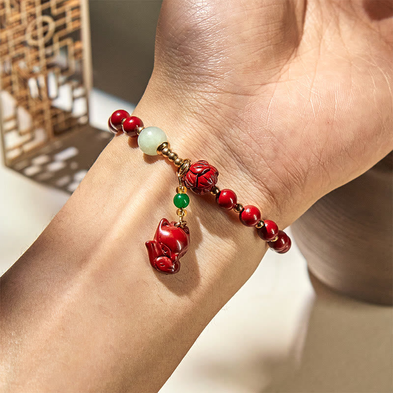 Buddha Stones Zinnober Lotus Niedlicher Fuchs Charm Segensarmband