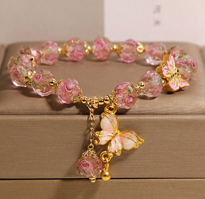 Buddha Stones Schmetterling Charm Rose Blume Liuli Armband - Rosa Liuli (Handgelenkumfang: 18 cm) - image 7