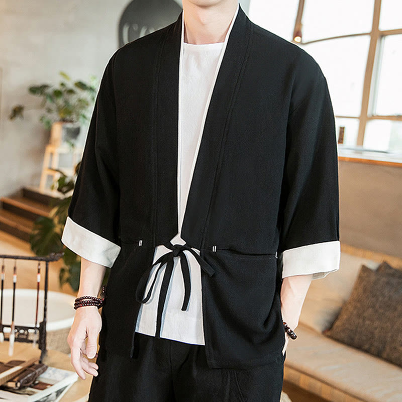 Buddha Stones Schnürjacke aus Baumwollleinen, Herren-Kimono mit Dreiviertelärmeln und Taschen - Schwarz - US/ UK/AU46,EU56 (5XL) - image 9