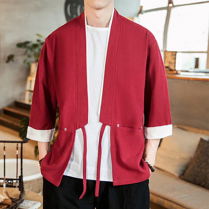 Buddha Stones Schnürjacke aus Baumwollleinen, Herren-Kimono mit Dreiviertelärmeln und Taschen - image 25