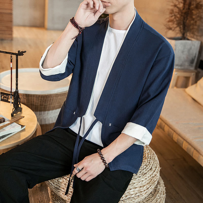 Buddha Stones Schnürjacke aus Baumwollleinen, Herren-Kimono mit Dreiviertelärmeln und Taschen - image 6