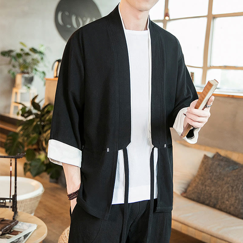 Buddha Stones Schnürjacke aus Baumwollleinen, Herren-Kimono mit Dreiviertelärmeln und Taschen - image 15