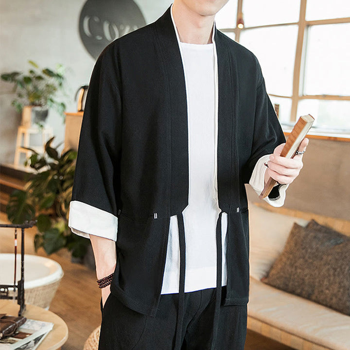 Buddha Stones Schnürjacke aus Baumwollleinen, Herren-Kimono mit Dreiviertelärmeln und Taschen - image 15