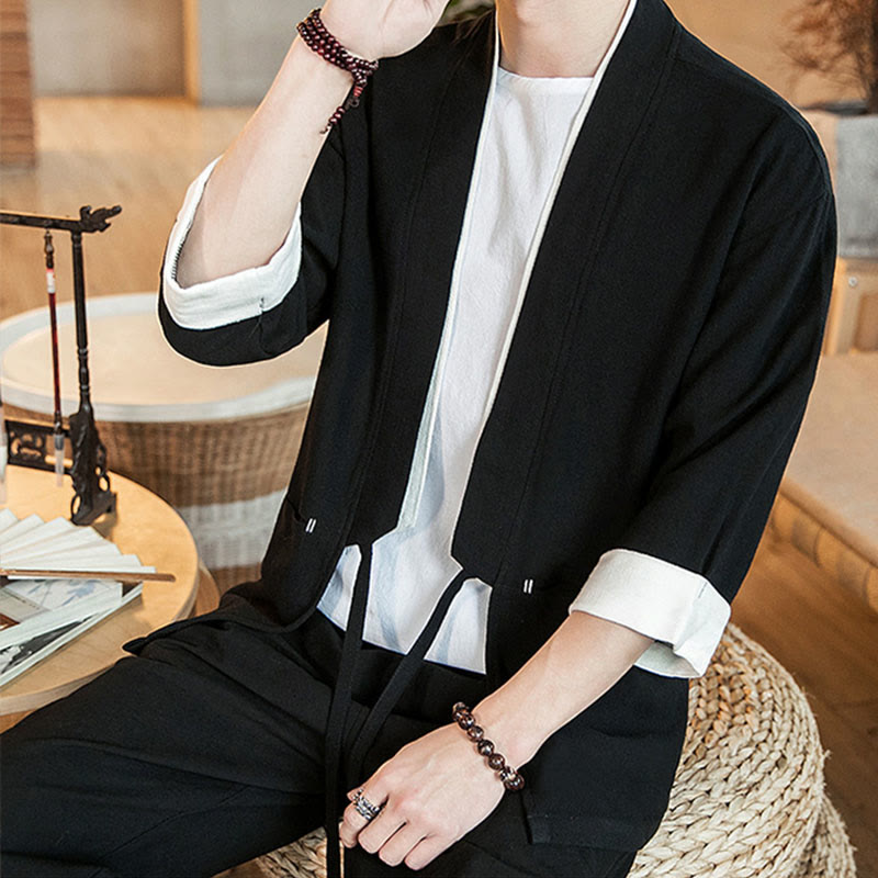 Buddha Stones Schnürjacke aus Baumwollleinen, Herren-Kimono mit Dreiviertelärmeln und Taschen - image 13