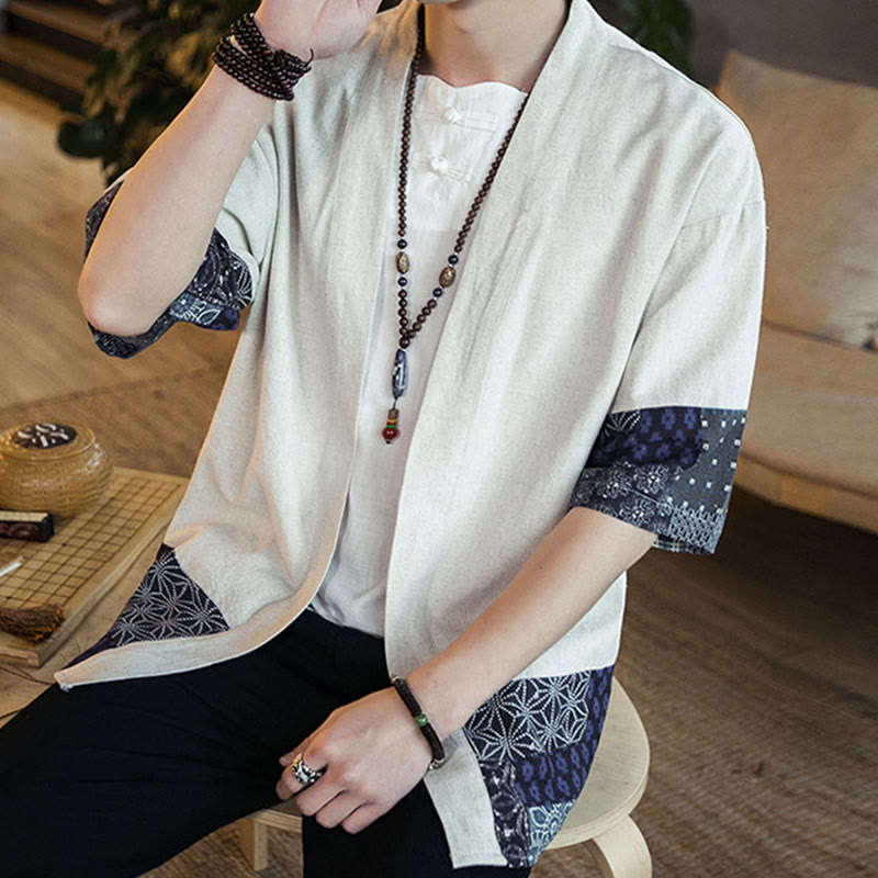 Buddha Stones Ethnic Printing Patchwork Halbarm Offene Frontjacke Baumwolle Leinen Herren Kimono - image 17
