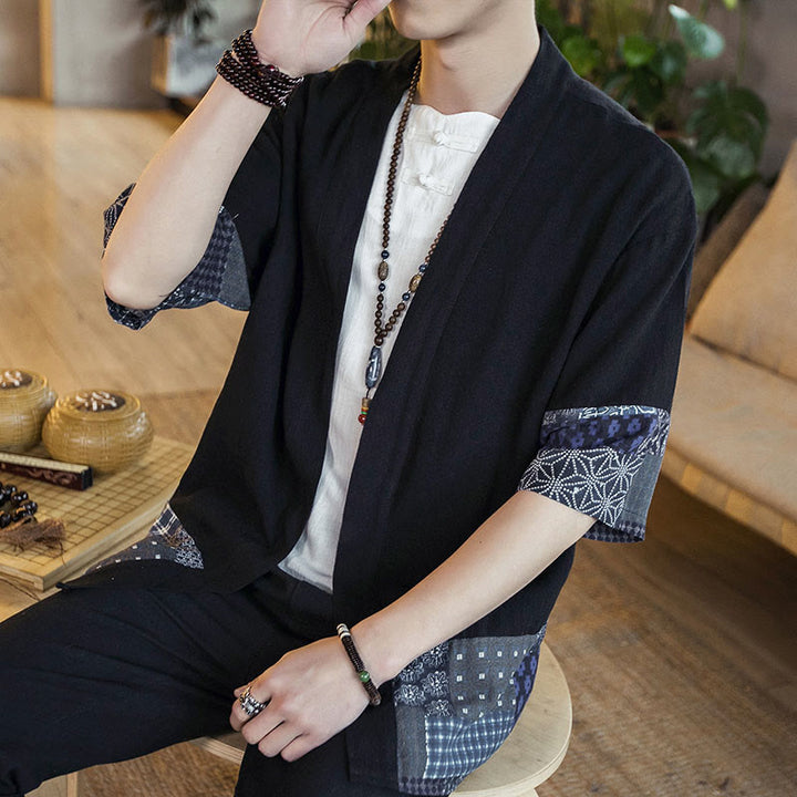 Buddha Stones Ethnic Printing Patchwork Halbarm Offene Frontjacke Baumwolle Leinen Herren Kimono - image 7