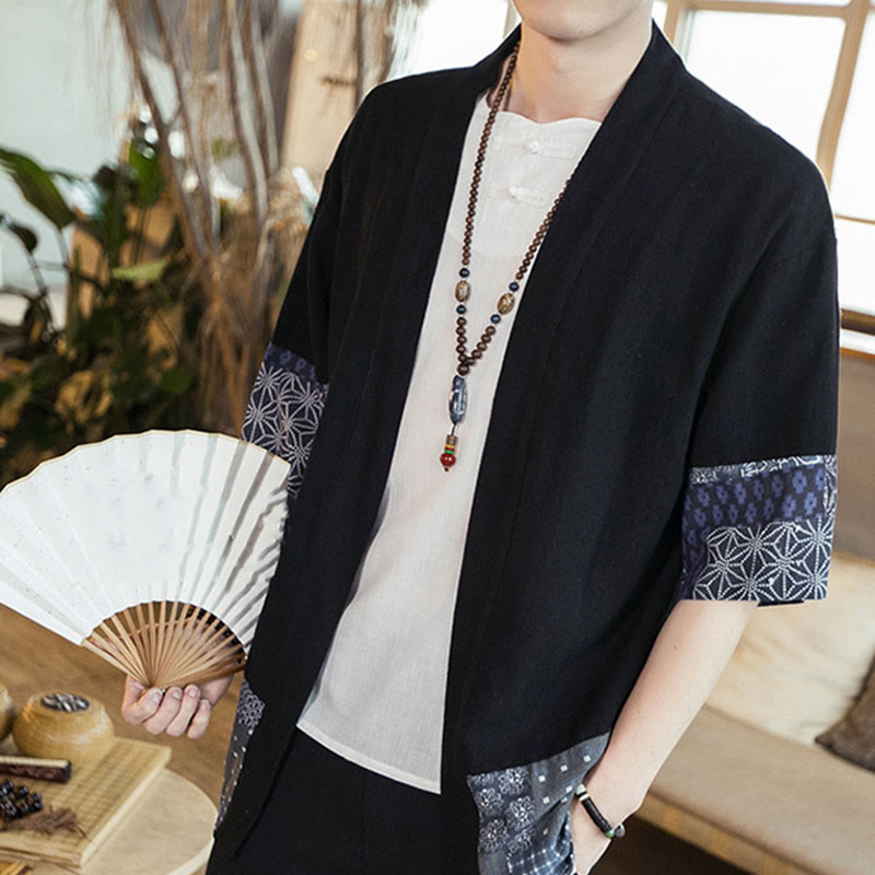 Buddha Stones Ethnic Printing Patchwork Halbarm Offene Frontjacke Baumwolle Leinen Herren Kimono - image 6
