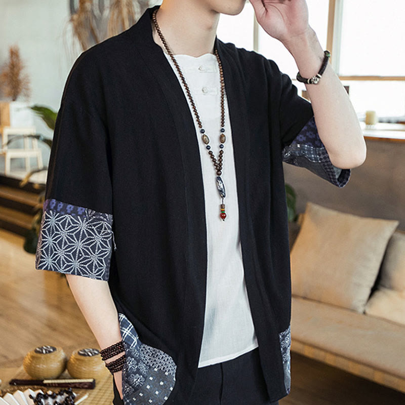 Buddha Stones Ethnic Printing Patchwork Halbarm Offene Frontjacke Baumwolle Leinen Herren Kimono - image 5