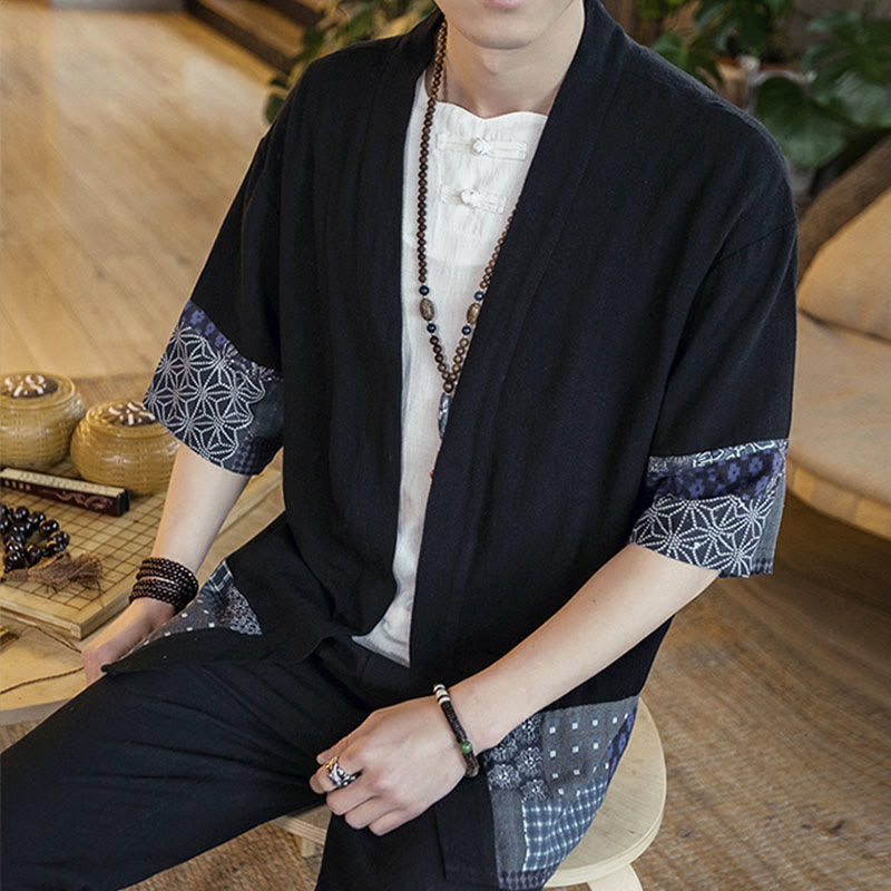 Buddha Stones Ethnic Printing Patchwork Halbarm Offene Frontjacke Baumwolle Leinen Herren Kimono - image 8