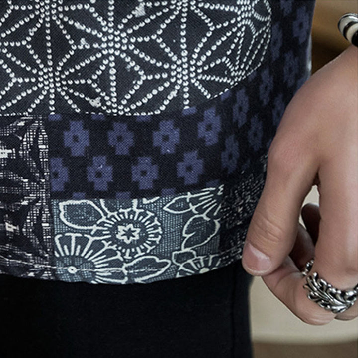 Buddha Stones Ethnic Printing Patchwork Halbarm Offene Frontjacke Baumwolle Leinen Herren Kimono - image 9