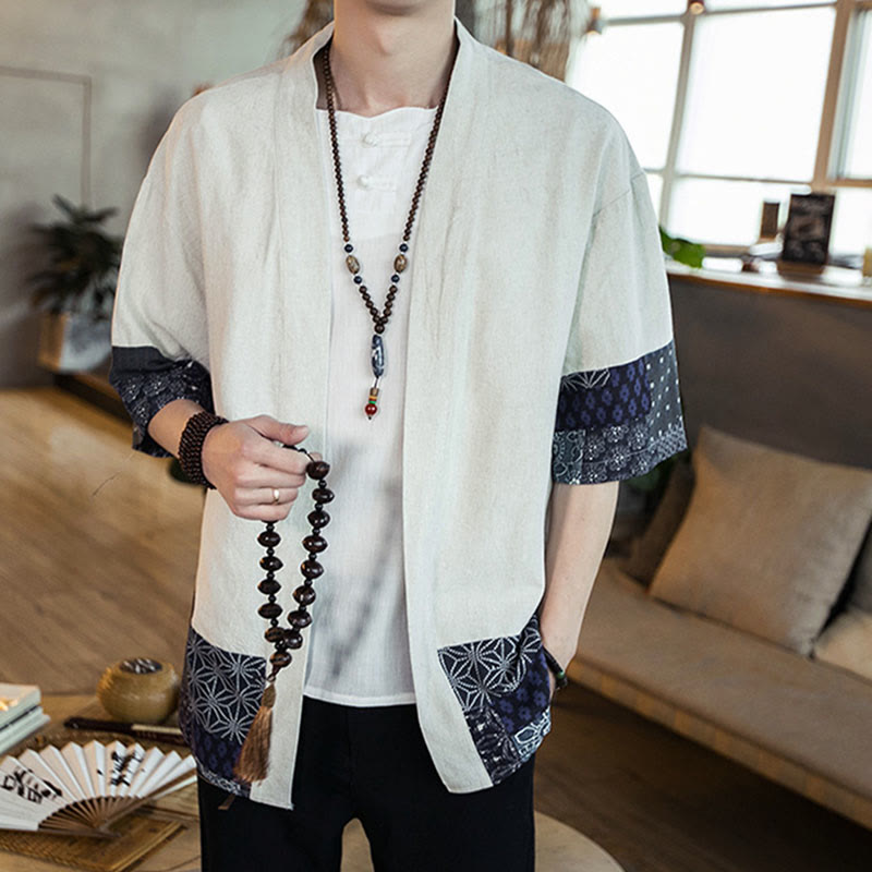 Buddha Stones Ethnic Printing Patchwork Halbarm Offene Frontjacke Baumwolle Leinen Herren Kimono - image 11
