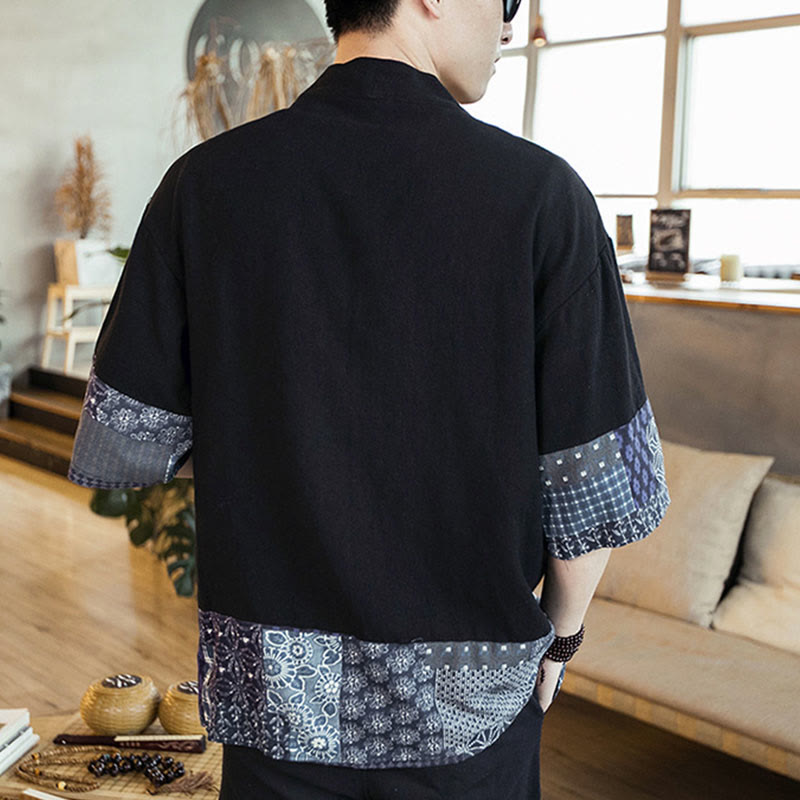Buddha Stones Ethnic Printing Patchwork Halbarm Offene Frontjacke Baumwolle Leinen Herren Kimono - image 4