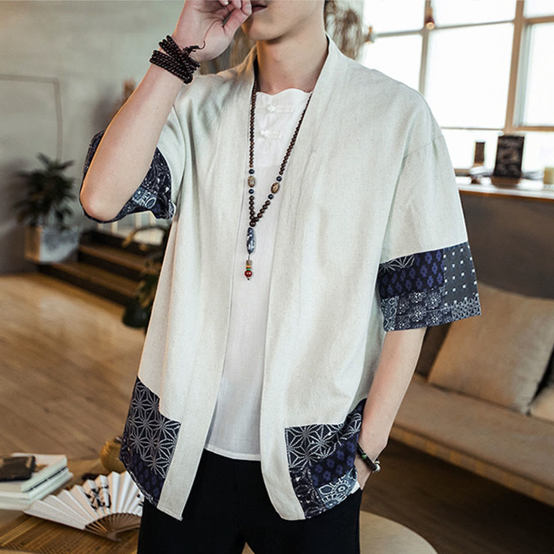 Buddha Stones Ethnic Printing Patchwork Halbarm Offene Frontjacke Baumwolle Leinen Herren Kimono - image 14