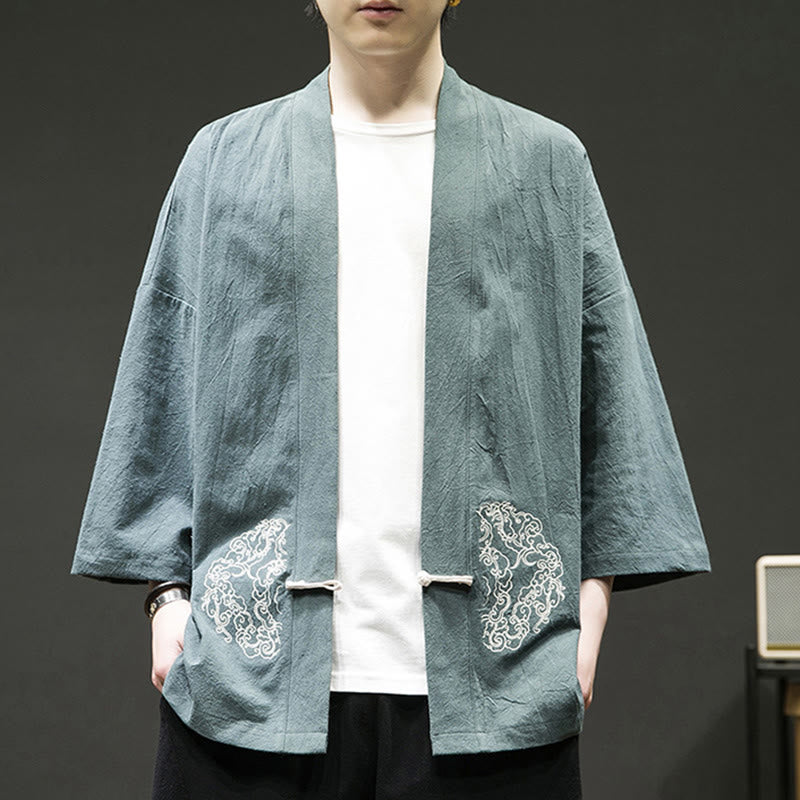 Buddha Stones Chinesischer Frosch-Knopf-Design Offene Frontjacke Herren-Kimono aus Baumwolle und Leinen mit langen Ärmeln - image 8