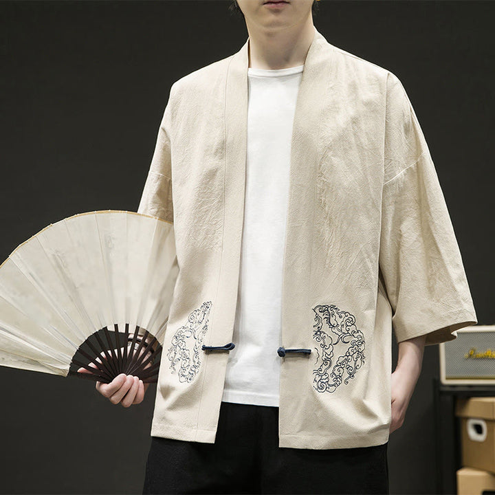 Buddha Stones Chinesischer Frosch-Knopf-Design Offene Frontjacke Herren-Kimono aus Baumwolle und Leinen mit langen Ärmeln - image 10