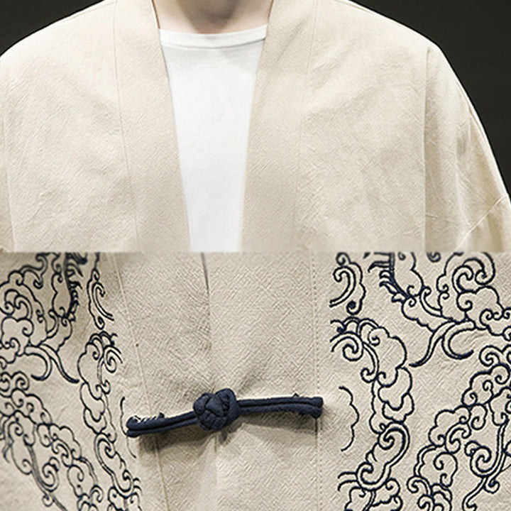 Buddha Stones Chinesischer Frosch-Knopf-Design Offene Frontjacke Herren-Kimono aus Baumwolle und Leinen mit langen Ärmeln - image 12