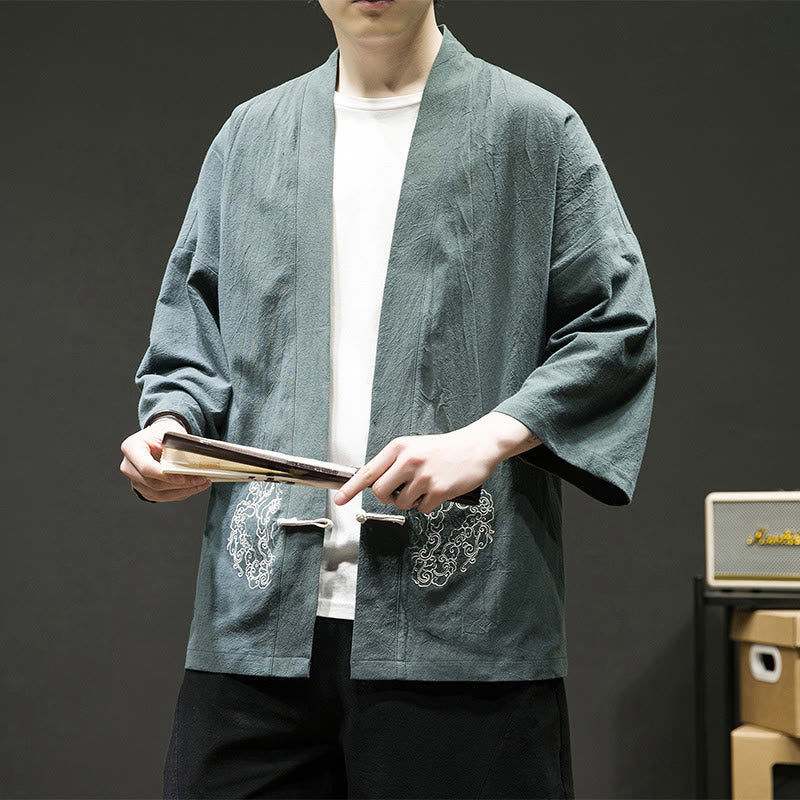 Buddha Stones Chinesischer Frosch-Knopf-Design Offene Frontjacke Herren-Kimono aus Baumwolle und Leinen mit langen Ärmeln - image 7