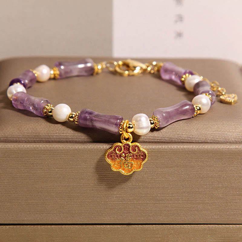 Buddha Stones Natürliches Friedensschloss Bambusform Fu Charakter Amethyst Perle Balance Armband - Amethyst (Handgelenkumfang: 18–22 cm) - image 1