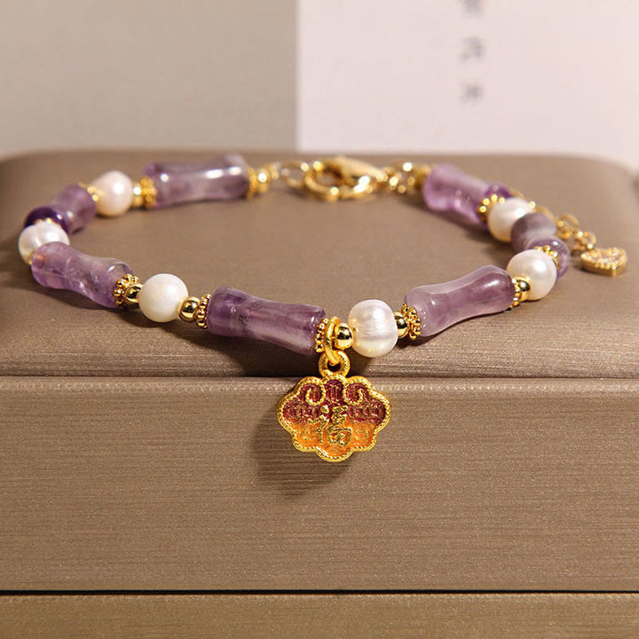 Buddha Stones Natürliches Friedensschloss Bambusform Fu Charakter Amethyst Perle Balance Armband - Amethyst (Handgelenkumfang: 18–22 cm) - image 1