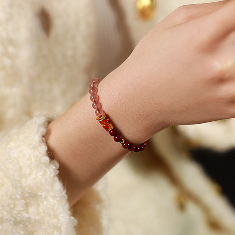 Buddha Stones Natürlicher Zinnoberrosa Kristall Erdbeerquarz Glücksbringer Koi Fisch Segensarmband - image 5