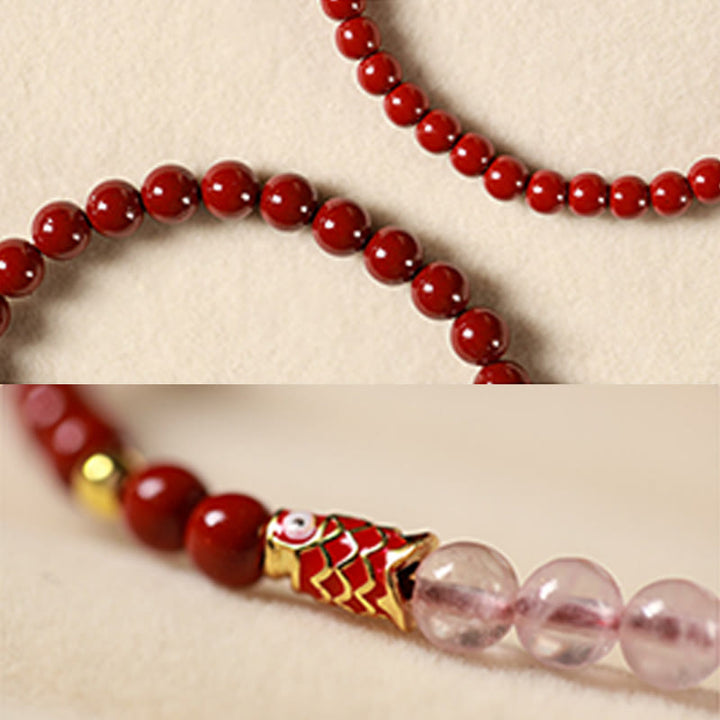 Buddha Stones Natürlicher Zinnoberrosa Kristall Erdbeerquarz Glücksbringer Koi Fisch Segensarmband - image 17