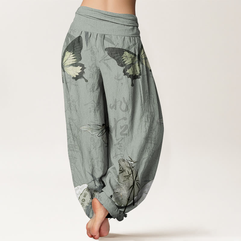 Haremshose für Damen mit elastischer Taille und Buddha Stones aus reiner Baumwolle, Schmetterling, Bambusblätter, chinesisches Schriftzeichen-Muster