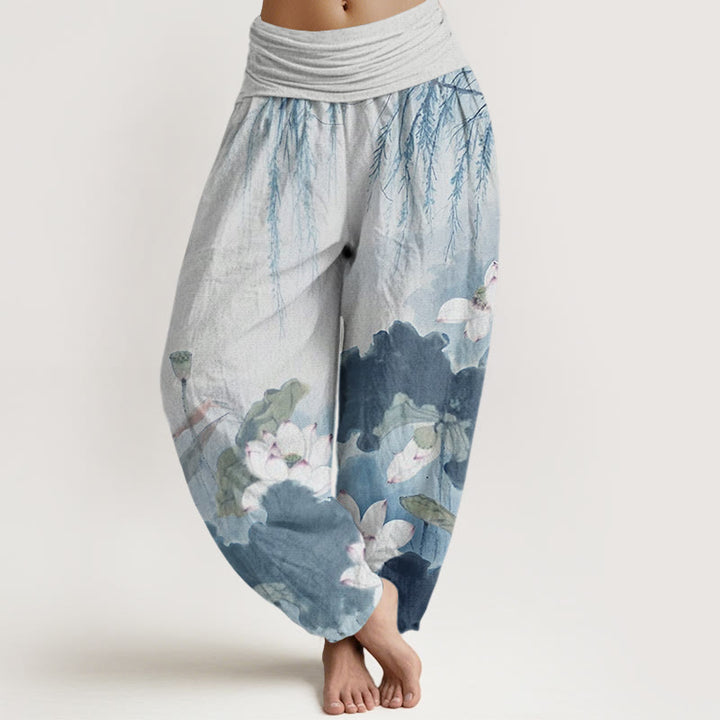 Buddha Stones Lässige Haremshose mit Lotusblumenmuster und elastischer Taille für Damen - Himmelblau - US22, UK/AU26,EU54 (6XL) - image 8