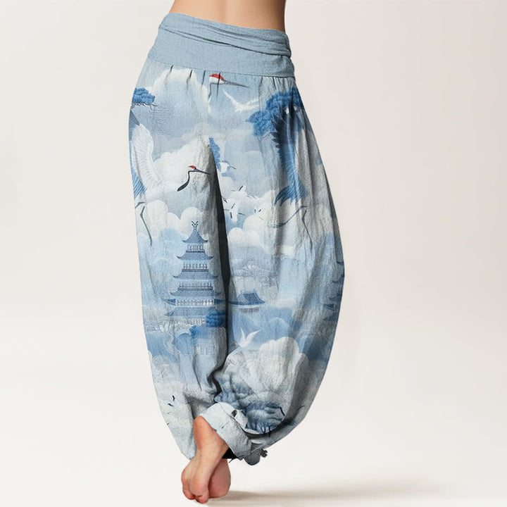 Buddha Stones Casual Kraniche Wolken Pagoden Muster Damen Haremshose - image 6