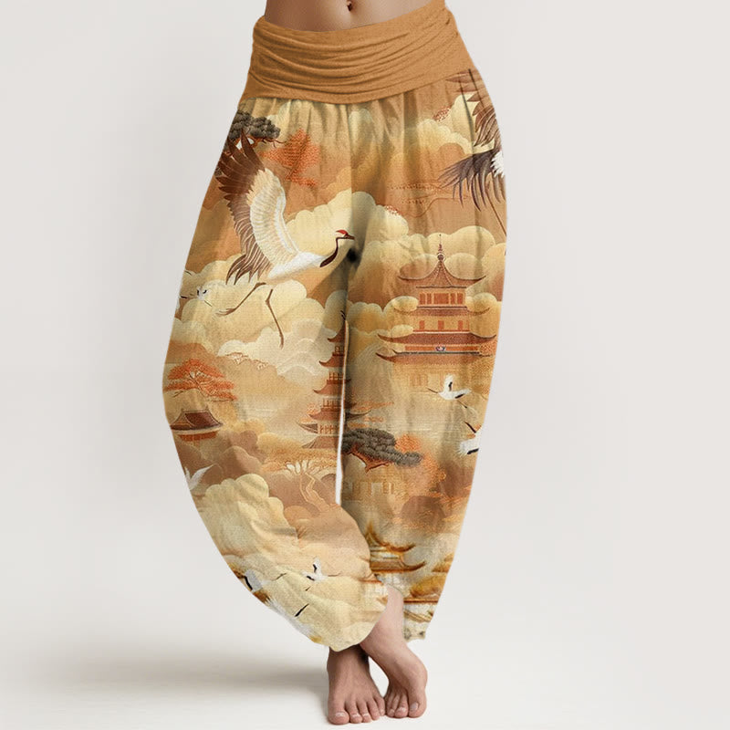 Buddha Stones Casual Kraniche Wolken Pagoden Muster Damen Haremshose - Goldrute - US22, UK/AU26,EU54 (6XL) - image 8