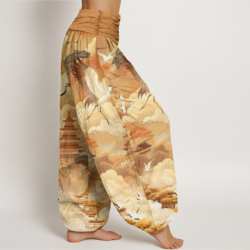Buddha Stones Casual Kraniche Wolken Pagoden Muster Damen Haremshose - image 10