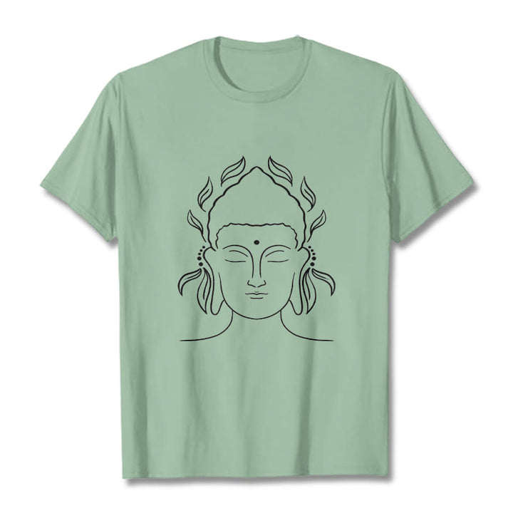 Buddha Stones Lässiges Buddha-Umriss-Lotusblütenmuster-T-Shirt - Blassgrün - 2XL - image 15