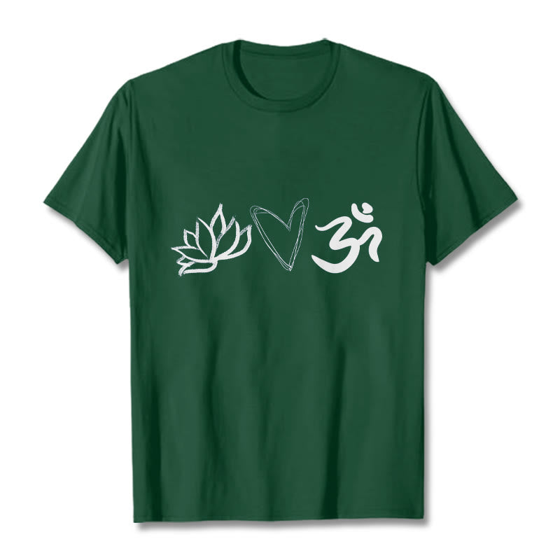 Buddha Stones Casual Lotus Herz Muster Om Symbol Sanskrit Baumwolle T-Shirt - WaldGrün - 2XL - image 1