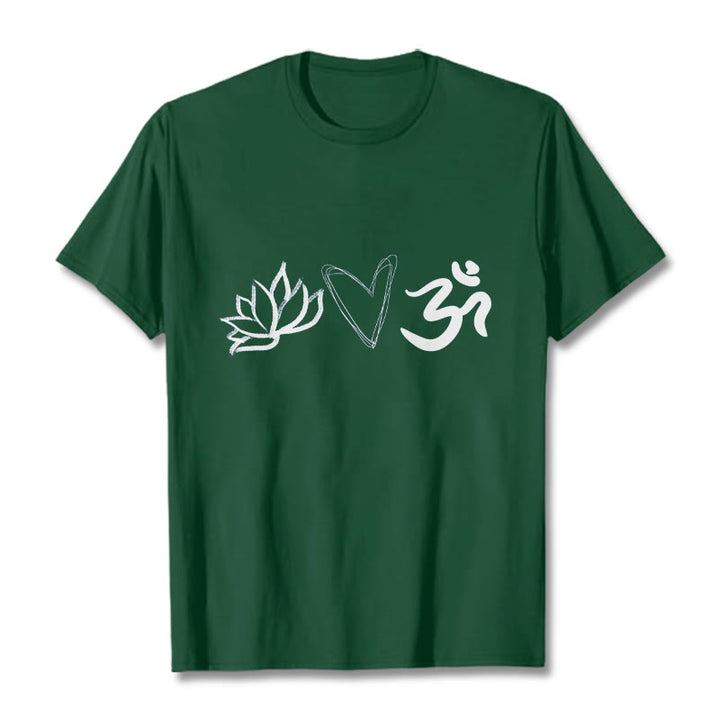 Buddha Stones Casual Lotus Herz Muster Om Symbol Sanskrit Baumwolle T-Shirt - WaldGrün - 2XL - image 1