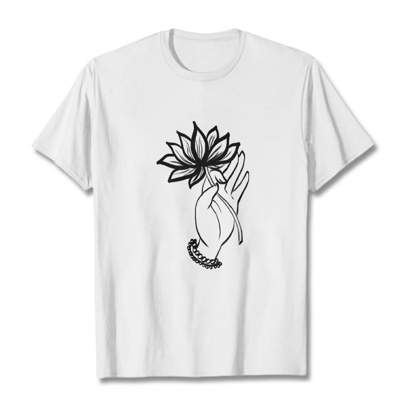 Buddha Stones Lässiges Baumwoll-T-Shirt mit Lotusblumenmuster - Weiß - 2XL - image 6