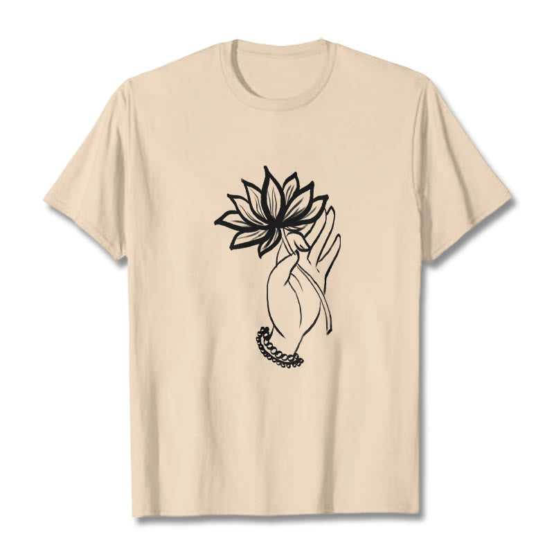 Buddha Stones Lässiges Baumwoll-T-Shirt mit Lotusblumenmuster - Bisque - 2XL - image 9