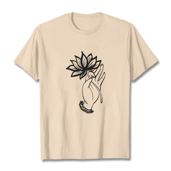 Buddha Stones Lässiges Baumwoll-T-Shirt mit Lotusblumenmuster - Bisque - 2XL - image 9
