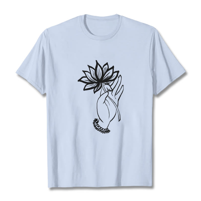 Buddha Stones Lässiges Baumwoll-T-Shirt mit Lotusblumenmuster - HellCyan - 2XL - image 19