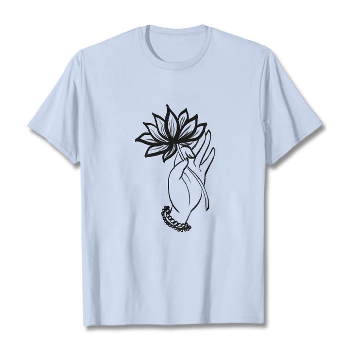 Buddha Stones Lässiges Baumwoll-T-Shirt mit Lotusblumenmuster - HellCyan - 2XL - image 19