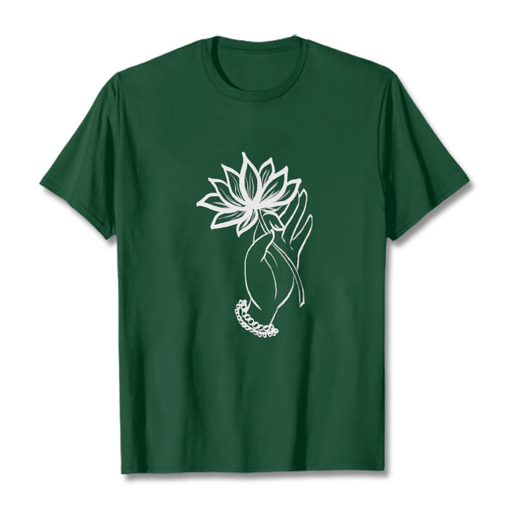 Buddha Stones Lässiges Baumwoll-T-Shirt mit Lotusblumenmuster - WaldGrün - 2XL - image 11