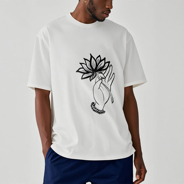 Buddha Stones Lässiges Baumwoll-T-Shirt mit Lotusblumenmuster - image 7