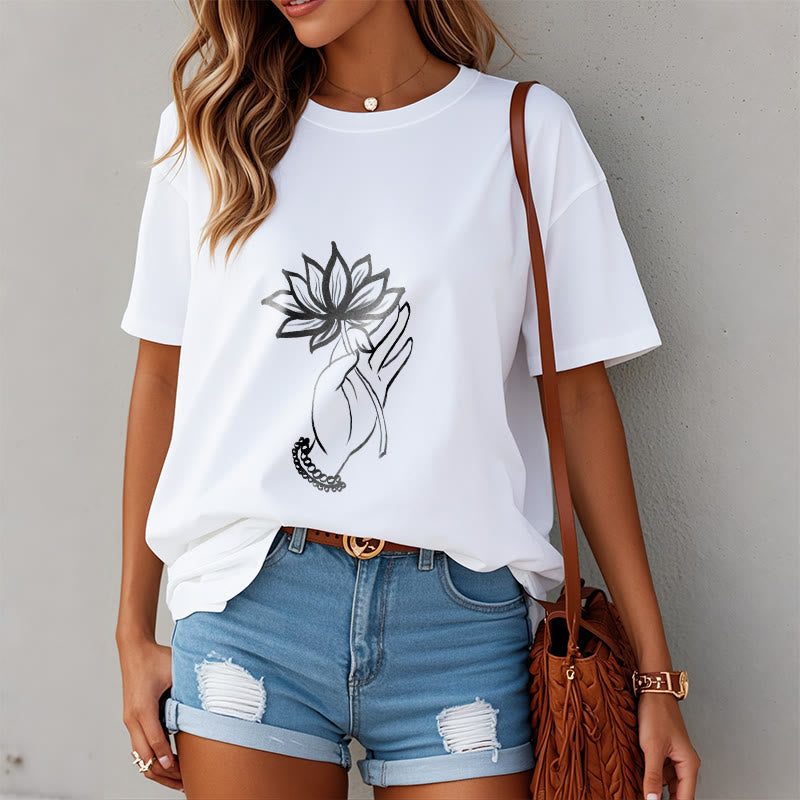 Buddha Stones Lässiges Baumwoll-T-Shirt mit Lotusblumenmuster - image 8