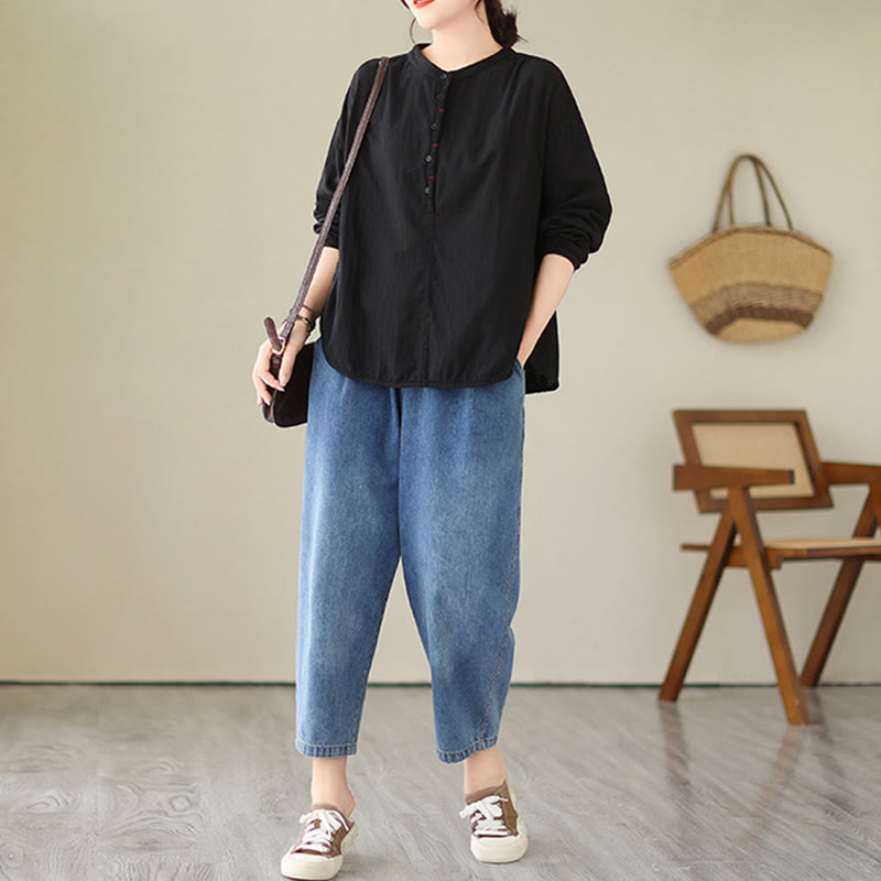 Buddha Stones Commute Spring Plain Halbknöpfe Einfaches Design Damen Langarmhemd aus Baumwolle und Leinen - image 6