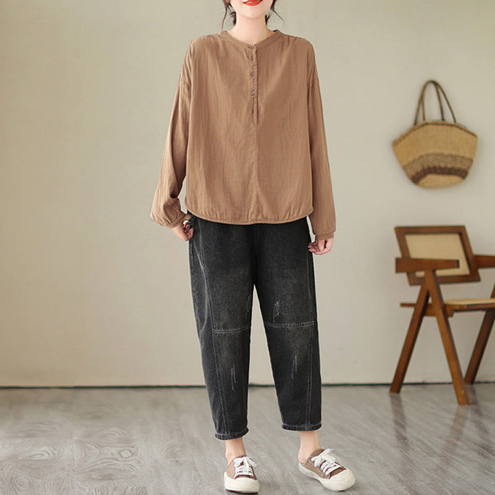 Buddha Stones Commute Spring Plain Halbknöpfe Einfaches Design Damen Langarmhemd aus Baumwolle und Leinen - image 16