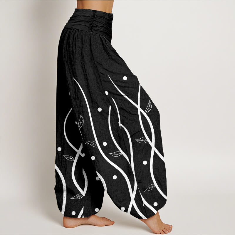 Buddha Stones Lässige, minimalistische Haremshose mit Weinblattmuster für Damen, elastische Taille - image 6